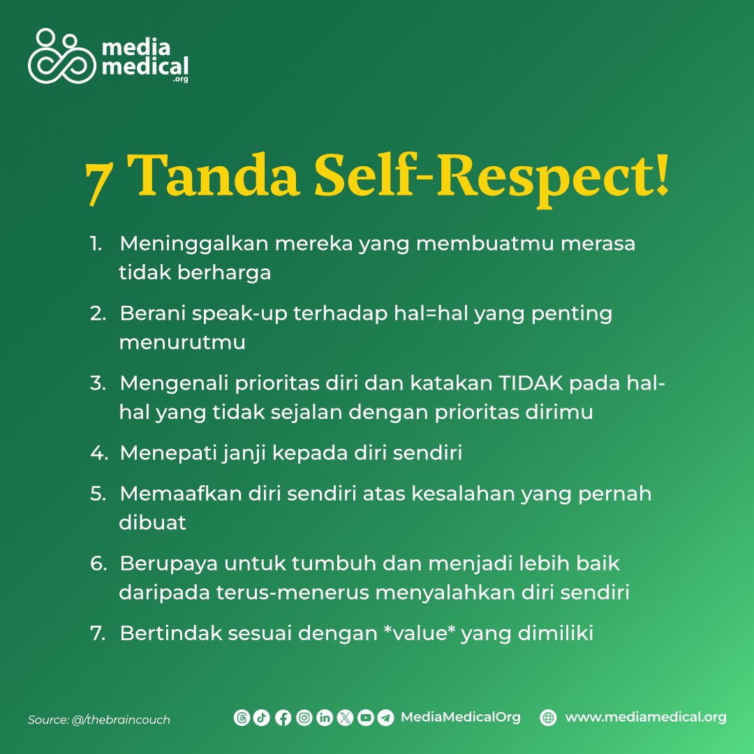 mediamedicalorg's tweet photo. Kenali 7 Tanda Self-Respect!✨

Self-respect merupakan landasan untuk mengembangkan penerimaan diri dan cinta terhadap diri sendiri serta komponen penting dalam kesejahteraan mental dan emosional.

#selfrespect #speakup #prioritas #tepatijanji #value #mental #cintaidirisendiri https://t.co/XzIrmyJ3HY