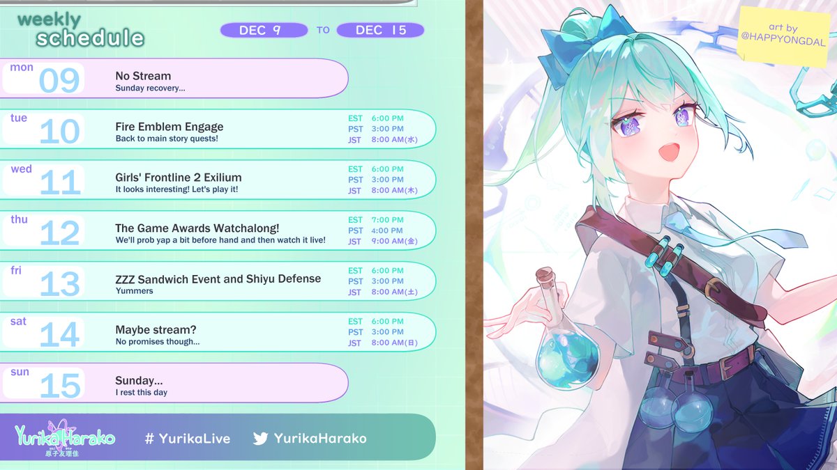 yurikaharako's tweet photo. Hi Elixirlings! Here's some new tags and stuff that we decided on stream!
Dec 09 - Dec 15
General: #YurikaHarako
Community: #Elixirlings
Live: #YurikaLive
Art: #Alchedoodle
π€‘: #Alchememes
π½: #LetYurikaCook
Clip: #Yuriklips
Reaction: #ReactWithYurika
art by #happyongdal https://t.co/kkNB3MlZ8I