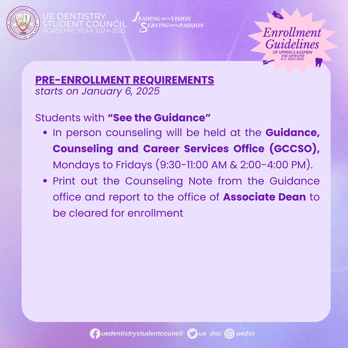 UE_DSC's tweet photo. ANNOUNCEMENT: The CDent College Academic Council has released the enrollment guidelines for the second semester of A.Y. 2024-2025. 

DSC 2024-2025
#LeadingWithVision 
#ServingWithPassion 
#YourVoiceOurVision https://t.co/p22yr0UmHm
