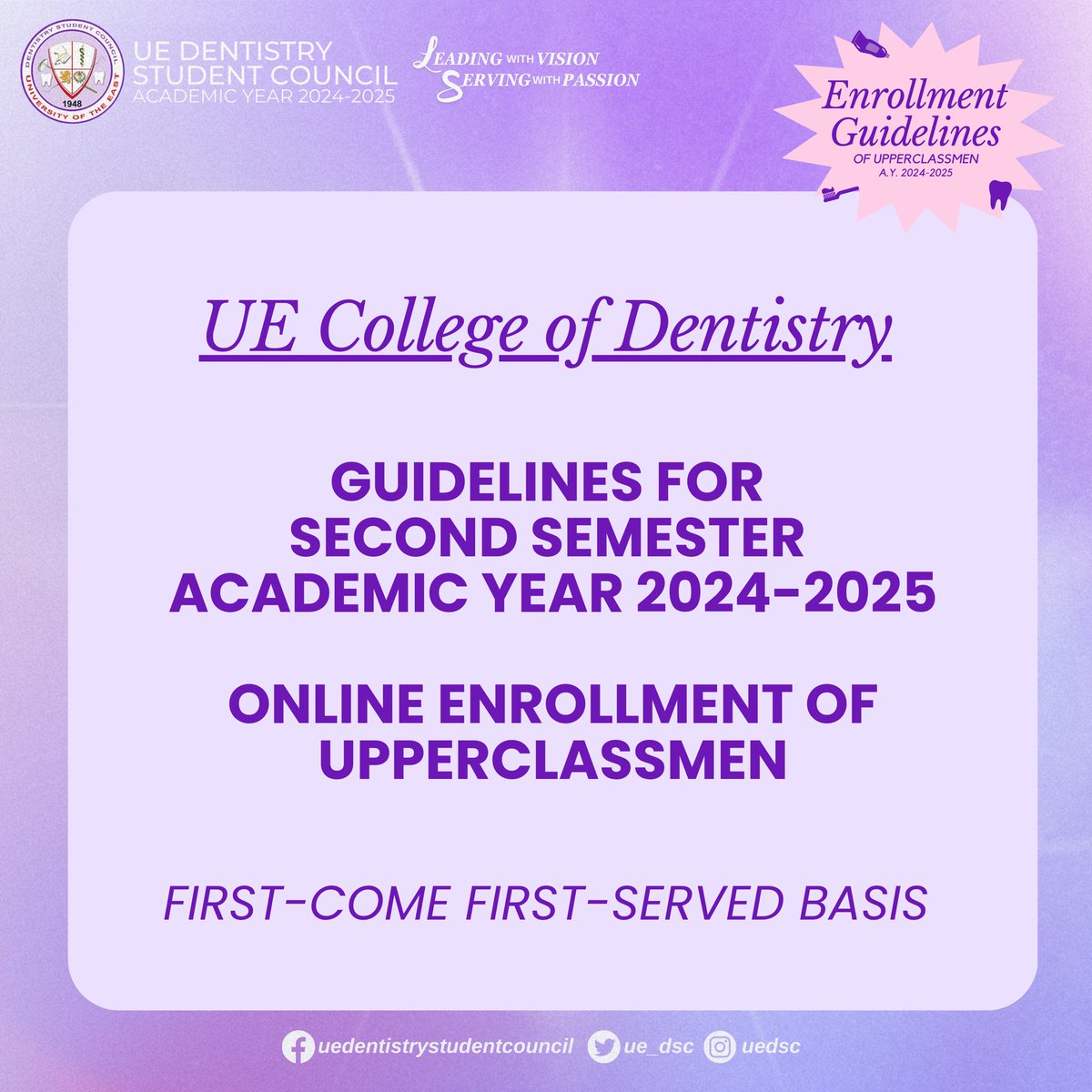 UE_DSC's tweet photo. ANNOUNCEMENT: The CDent College Academic Council has released the enrollment guidelines for the second semester of A.Y. 2024-2025. 

DSC 2024-2025
#LeadingWithVision 
#ServingWithPassion 
#YourVoiceOurVision https://t.co/p22yr0UmHm