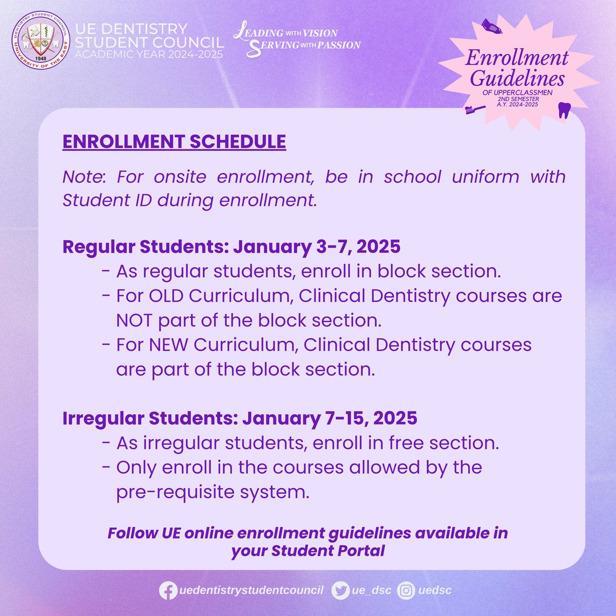 UE_DSC's tweet photo. ANNOUNCEMENT: The CDent College Academic Council has released the enrollment guidelines for the second semester of A.Y. 2024-2025. 

DSC 2024-2025
#LeadingWithVision 
#ServingWithPassion 
#YourVoiceOurVision https://t.co/p22yr0UmHm