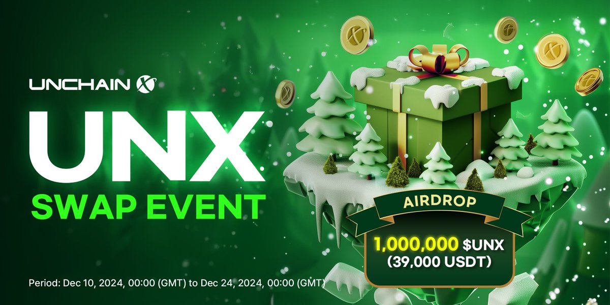 Unchain_X's tweet photo. 🎉 UnchainX $UNX Swap Event 🎉
To celebrate the successful completion of Phase 1, UnchainX is hosting a $UNX swap event! We invite everyone to participate.

💰 Total Prize Pool: 1,000,000 $UNX

🔰 How to Participate:
❤️& 🔃 this tweet, and tag 3 friends
1️⃣Visit the UnchainX website: https://t.co/sIUrtZ04e2
2️⃣Connect your wallet.
3️⃣Swap UNX.

🏆 Winner Selection:
✔️Total purchase and sale transaction history will be considered.
✔️Real-time status can be checked on the UnchainX website event page after the event starts.
✔️Winners will be selected and announced after a snapshot at the end of the event.

🥇 Top User Prizes: 
● 1st Place: 250,000 UNX 
● 2nd Place: 150,000 UNX 
● 3rd Place: 100,000 UNX

🎁 Random Prize Selection Criteria and Rewards: 
A: 25,000 UNX x 10 winners 
● Criteria: Total transactions of 30,000 UNX or more.

B: 10,000 UNX x 20 winners 
● Criteria: Total transactions of 15,000 UNX or more.

C: 500 UNX x 100 winners 
● Criteria: Total transactions of 500 UNX or more.

🗓 Duration: Starts on December 10th at 00:00 GMT and ends on December 24th at 00:00 GMT. 
✅ Winners will be announced after 00:00 on December 24th.

🔔 Participate in the event and win amazing prizes! Swap UNX now and don’t miss your chance to win! Prizes will be distributed sequentially after the winners are announced. 
🚫 Duplicate winners are not allowed.

📢 Follow @Unchain_x for the latest updates and announcements!

#Giveaway  #BNBChain #Airdrop #Unchain_x $UNX