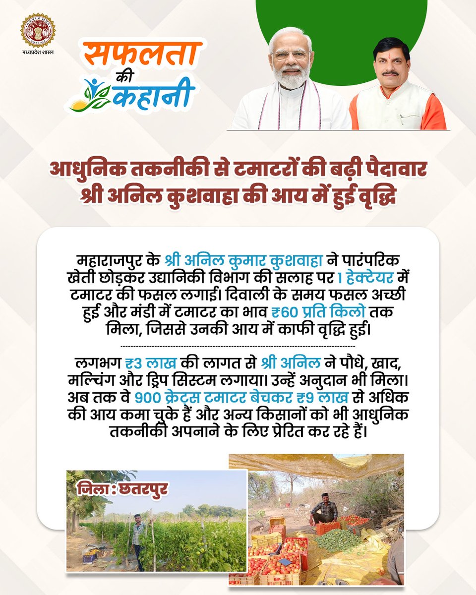 horticulturemp's tweet photo. #सफलता_की_कहानी
आधुनिक तकनीकी से टमाटरों की बढ़ी पैदावार,
श्री अनिल कुशवाहा की आय में हुई वृद्धि
@DrMohanYadav51
@MOFPI_GOI
#ModernFarming
#IncreasedYield
#TomatoFarming
#FarmersIncome
#JansamparkMP https://t.co/X8DHfc5EIz