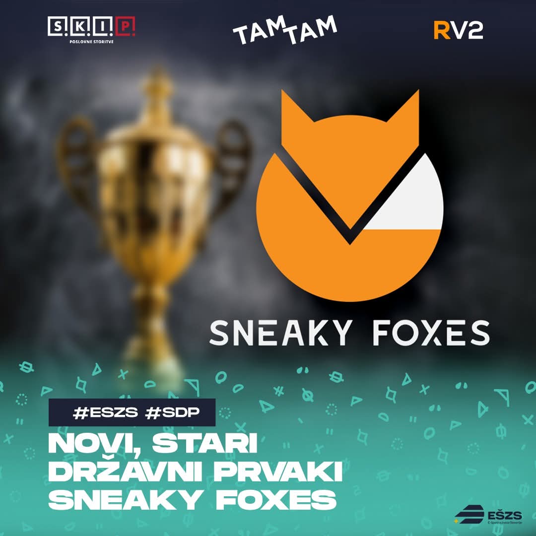 eszslovenije's tweet photo. Sneaky Foxes 🏆 so državni prvaki SDP 24/25!
Po napetem finalu proti ZERO COMMS 📞 so si priborili krono slovenskega Valoranta!
Hvala gledalcem ter našim sponzorjem Tam Tam Mestni plakati, Skip računovodstvo & RV2 Ventures! 🙌
#sneakyfoxes #finale #sdp2425 #valorant https://t.co/dbaqylKrCU