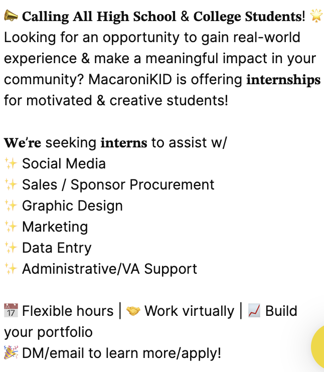 MacKidGigHarbor's tweet photo. 📣 𝐂𝐚𝐥𝐥𝐢𝐧𝐠 𝐀𝐥𝐥 𝐇𝐢𝐠𝐡 𝐒𝐜𝐡𝐨𝐨𝐥 &amp; 𝐂𝐨𝐥𝐥𝐞𝐠𝐞 𝐒𝐭𝐮𝐝𝐞𝐧𝐭𝐬! 🌟

𝐖𝐞’𝐫𝐞 seeking 𝐢𝐧𝐭𝐞𝐫𝐧𝐬 to assist w/
✨ Social Media 

📅 Flexible hours | 🤝 Work virtually | 📈 Build your portfolio

🎉 DM/email to learn more/apply! https://t.co/9AOBSdERT7