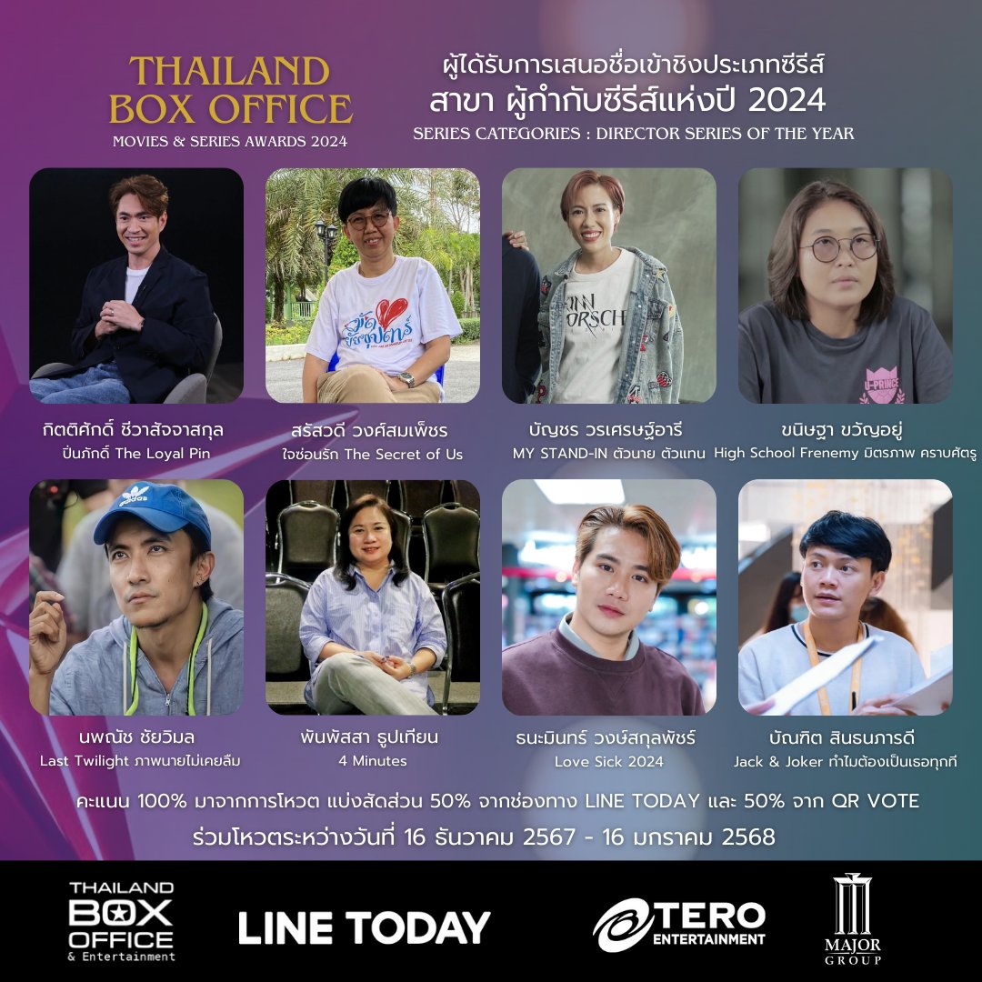thaiboxoffice's tweet photo. ผู้ได้รับการเสนอชื่อเข้าชิง ประเภทซีรีส์  สาขาผู้กำกับซีรีส์แห่งปี 2024   SERIES categories : Director series of the year ประกาศช่องทางการโหวต 15 ธันวาคมนี้  #ThailandBoxOfficeAwards2024 https://t.co/N2ctqLJStO