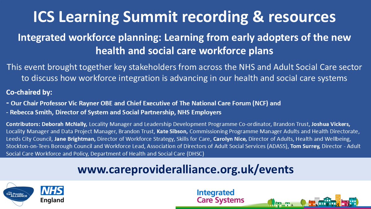 CPA_SocialCare's tweet image. Did you miss our #LearningSummit webinar on Integrated workforce planning: Learning from early adopters of the new health and social care workforce plans?
Recording, presentations &amp;amp; resources are now online.
careprovideralliance.org.uk/integrated-wor…
#socialcare #webinar