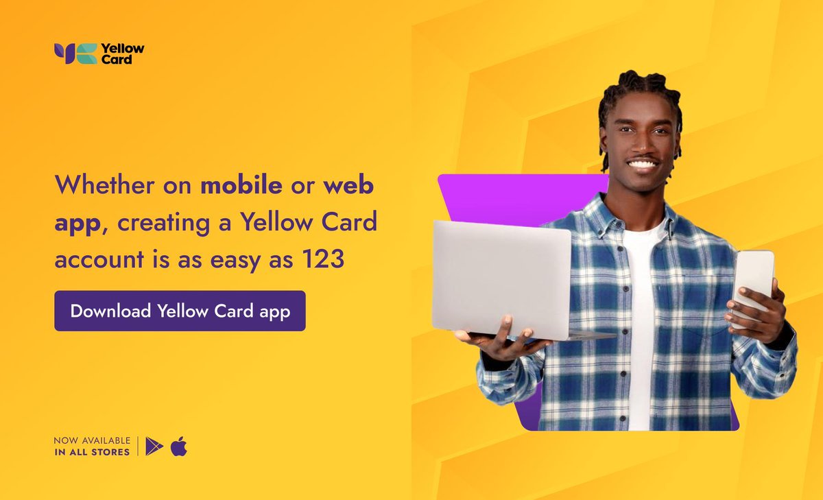 yellowcard_app's tweet photo. At Yellow Card, we make payments across Africa fast, secure & simpleβstarting with easy account creation!
π² Download the app on Play Store or App Store, or visit https://t.co/uj0ZwRjRjM to get started today.
#YellowCard #PaymentsSimplified https://t.co/ts0mEalWRL