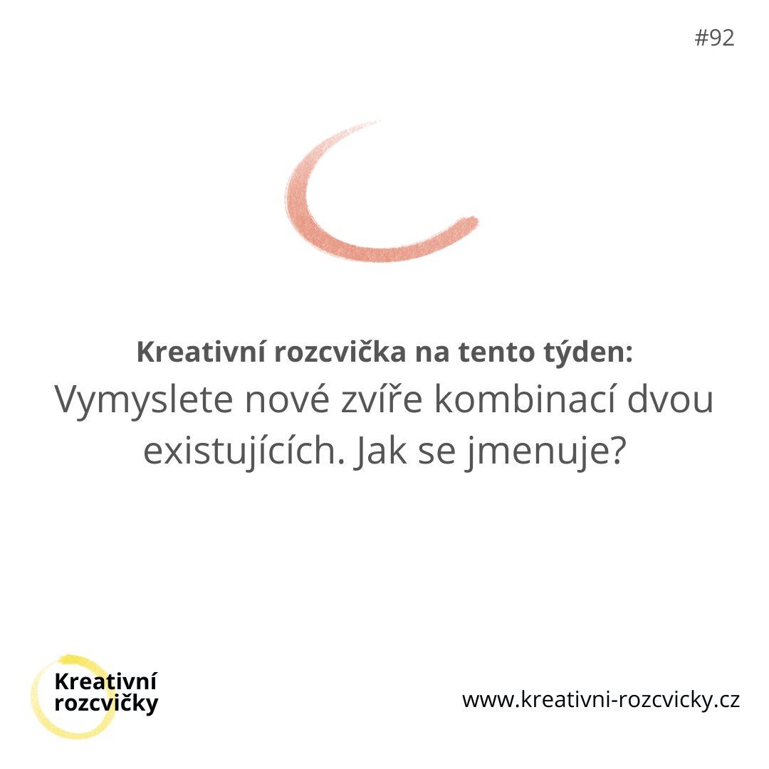 Pondělní kreativní rozcvička #92

👉 Vymyslete nové zvíře kombinací dvou existujících. Jak se jmenuje?

Funguje to tak, že vezmete dvě existující zvířata a kreativním způsobem je zkombinujete, aby nám vzniklo něco nového, nečekaného.
  
 #KreativniRozcvicka