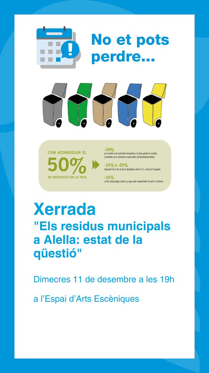 🗓️ AGENDA #Alella #Maresme

🎥 Cinema
📍 9/12 - Espai Arts Escèniques

📕 Presentació llibre
📍 10/12 - 18.30 h - <a href="/biblioalella/">Biblioteca Ferrer i Guàrdia</a>

♻️ Xerrada
📍 11/12 - 19 h - Espai Arts Escèniques

ℹ️ Més info: alella.cat/agenda_cultura…