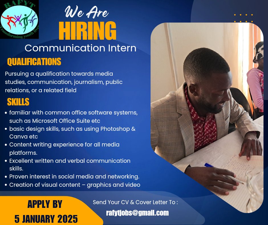 Are you passionate about youth empowerment and social change? 

Join our team as a Communication Intern!
Apply by 5 January 2025: More information is on the flyer. 
#Youth_SAID #SIYA #Youth4Integrity #youthsaid #RAFYT #YouthEmpowerment #Internship