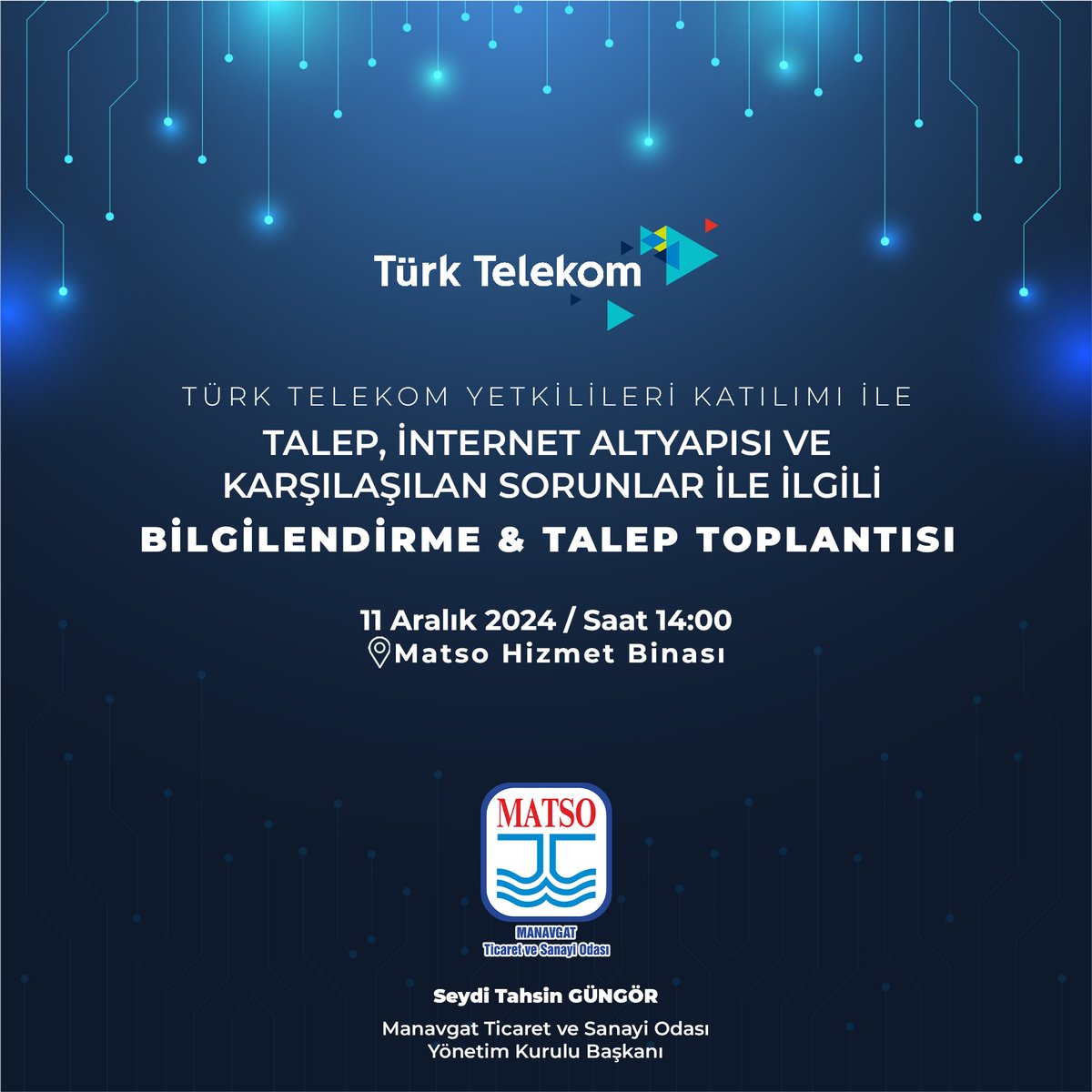 11 Aralık 2024 Çarşamba günü saat 14.00’de Oda hizmet binasında Türk Telekom yetkililerinin katılımı ile "Talep, İnternet Altyapısı ve Karşılaşılan Sorunlar ile İlgili Bilgilendirme/Talep Toplantısı" yapılacaktır. Sizlerin de toplantıya katılımınızdan memnuniyet duyarız.