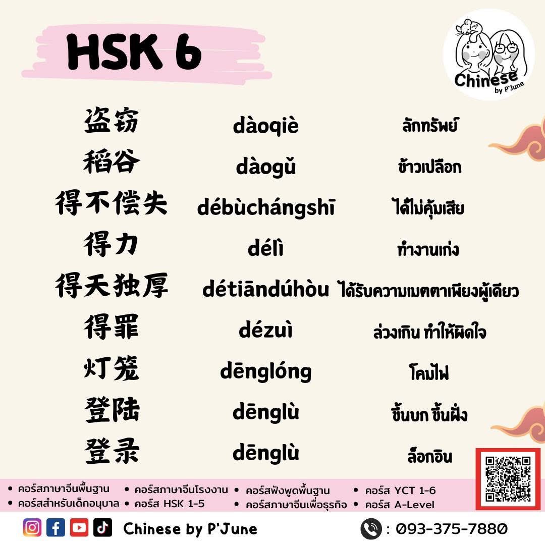 Chinese_Pjune's tweet photo. HSK 6

盗窃 dàoqiè ลักทรัพย์
稻谷 dàogǔ ข้าวเปลือก
得不偿失 débùchángshī ได้ไม่คุ้มเสีย
得力 délì ทำงานเก่ง 
得天独厚 détiāndúhòu ได้รับความเมตตาเพียงผู้เดียว
得罪 dézuì ล่วงเกิน ทำให้ผิดใจ
灯笼 dēnglóng โคมไฟ
登陆 dēnglù ขึ้นบก ขึ้นฝั่ง
登录 dēnglù ล็อกอิน https://t.co/rgquUDgM6o