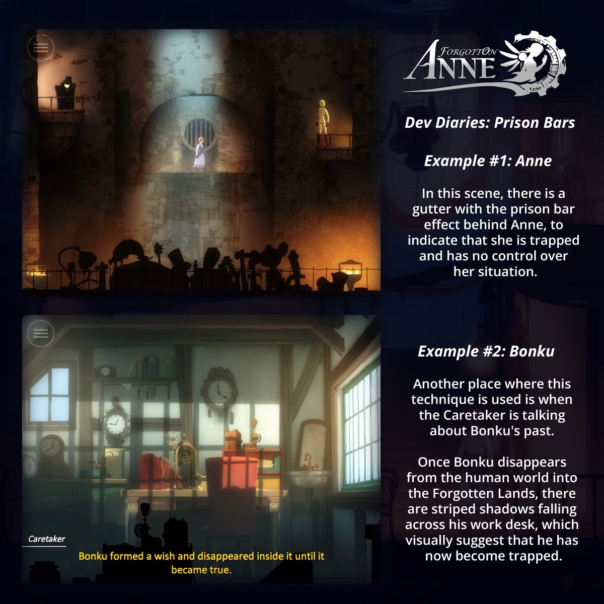 ThroughlineGame's tweet image. Our team has backgrounds in film🎥 We thought it&apos;d be cool to share film storytelling techniques we used in our #indiegame Forgotton Anne! 🧵

PRISON BARS
When a character is trapped, this can be visually expressed by putting bars near them to symbolise imprisonment #DevDiaries