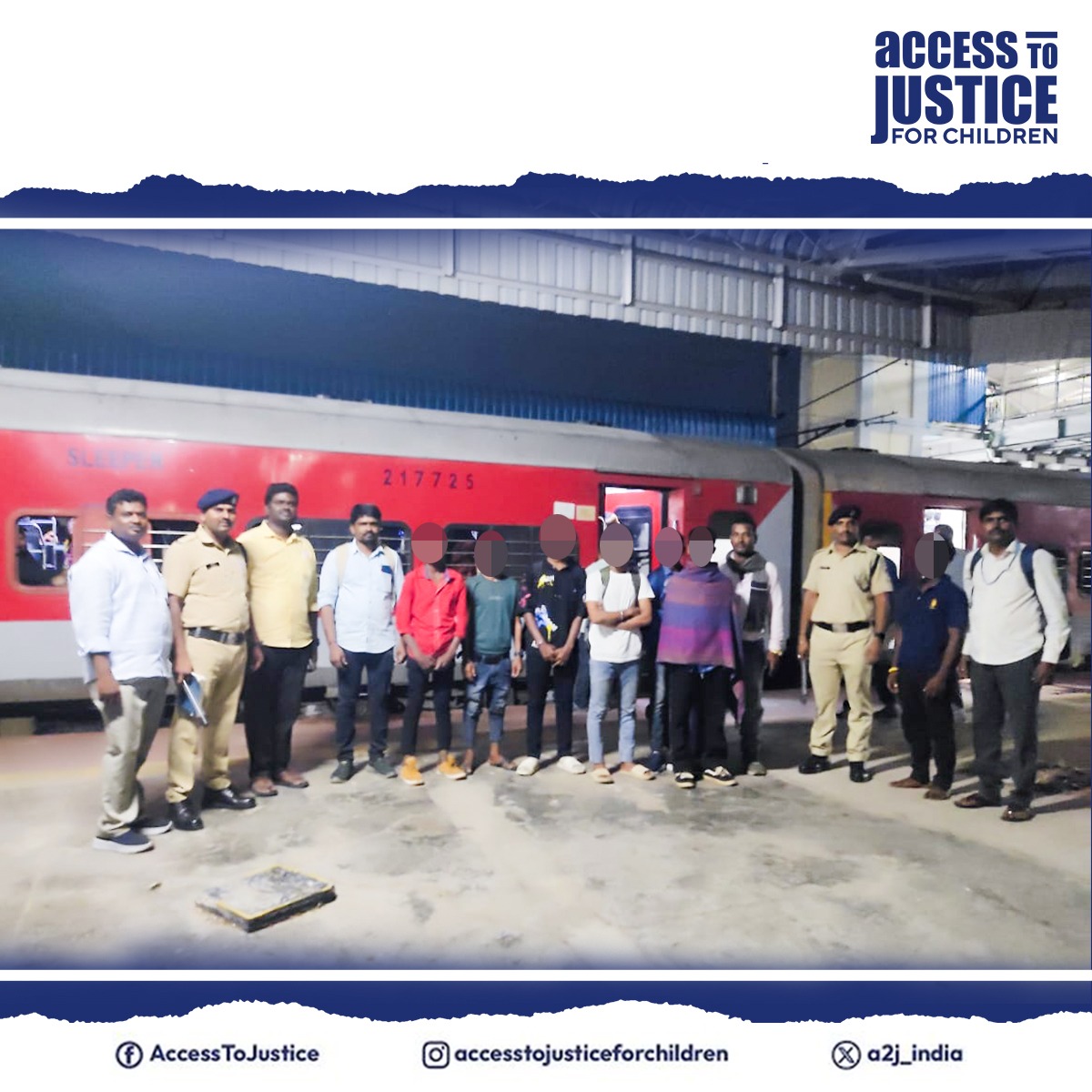 a2j_india's tweet photo. As part of our intervention to eradicate child labour in the country, 5 children aged 14-16 were rescued at Andhra Pradesh’s Bapatla where 3 traffickers were also detained by #RPF, #GRP in coordination with #DCPU and our coalition partner, Association for Voluntary Action (#AVA). The children from Jharkhand were being taken to Chennai as child labour, have been provided shelter at Child Care Institution (#CCI) after being produced before #CWC Guntur. Let us break this vicious cycle of modern slavery wherein children are exploited.

#accesstojusticeforchildren #AccessToJustice #childlabour #EndChildLabour #Rescue #rescuealert #childtrafficking #RailwayProtectionForce #childcareinstitution #ChildProtection #childexploitationawareness #AndhraPradesh #Jharkhand #children #childrights