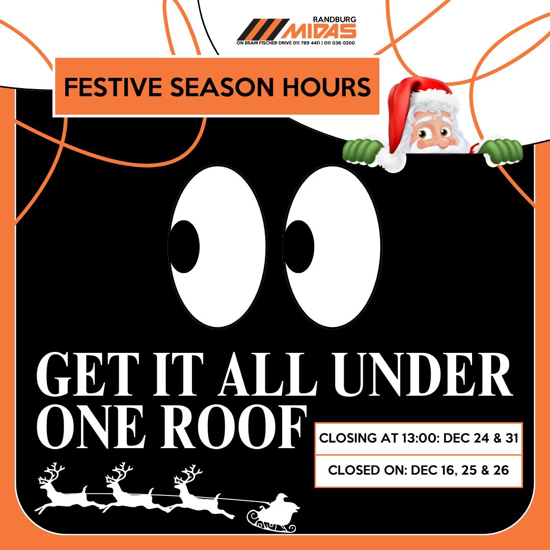 RandburgMidas's tweet photo. Visit us for all your automotive and DIY needs this festive period. We've got it all ready and waiting for you under one roof! 🛒🛠️
🌐 https://t.co/Id4nQw3xa8
#FestiveSeason #OperatingHours #AutomotiveShop #HolidayHours https://t.co/gh6NIWk3MO