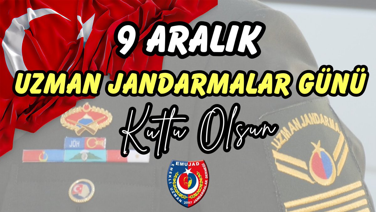 Dünya da eşi ve benzeri olmayan, sadece Türkiye'de  Jandarmaya has bir statü olan Kahraman, Fedakar, Çalışkan #UzmanJandarma'ların 
#9AralıkUzmanJandarmalar günü kutlu olsun. 🇹🇷
<a href="/AliYerlikaya/">Ali Yerlikaya</a> <a href="/TC_icisleri/">T.C. İçişleri Bakanlığı</a> <a href="/YasarGulermsb/">Yaşar Güler</a> <a href="/tcsavunma/">T.C. Millî Savunma Bakanlığı</a> <a href="/jandarma/">T.C. Jandarma Gn. K</a> <a href="/EMUJAD06/">EMEKLİ UZMAN JANDARMALAR DERNEĞİ</a> <a href="/Akparti/">AK Parti</a> <a href="/MHP_Bilgi/">MHP</a> <a href="/iletisim/">T.C. İletişim Başkanlığı</a>