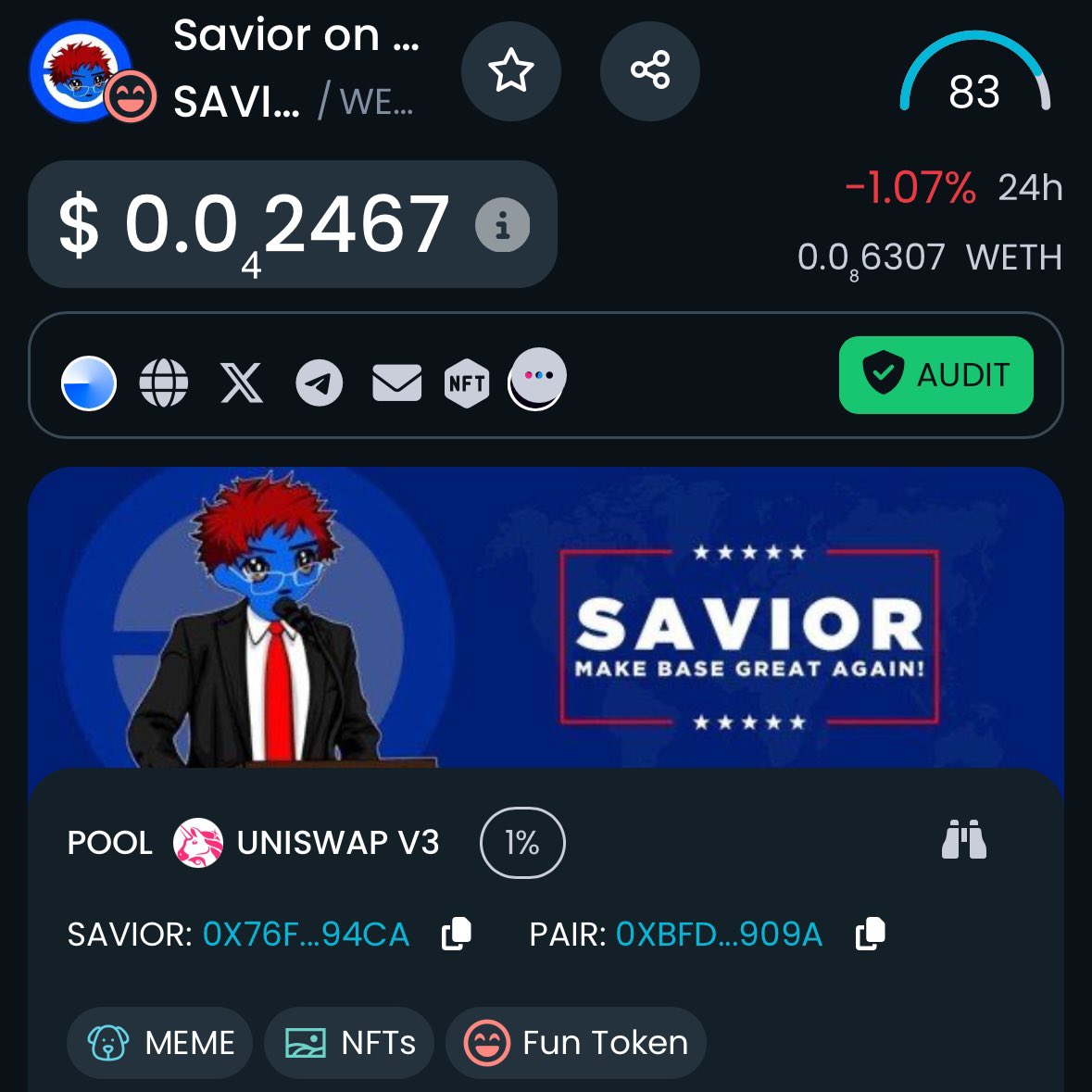 SaviorOnBase's tweet photo. 🔹 $SAVIOR DEXTOOLS UPDATED ☄️ https://t.co/vUSjpJAZAW