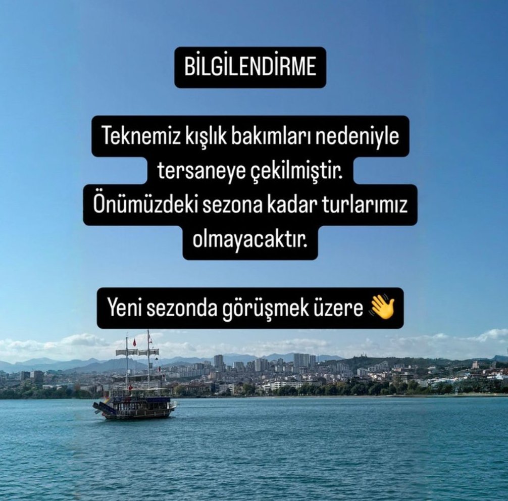 BİLGİLENDİRME

Teknemiz kışlık bakımları nedeniyle tersaneye çekilmiştir.
Önümüzdeki sezona kadar turlarımız olmayacaktır.

Yeni sezonda görüşmek üzere 👋