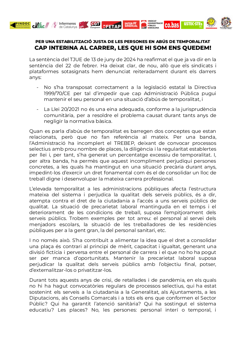 Encara som a temps d defensar els serveis públics i les condicions d treball a l'administració, evitant la precarietat i les privatitzacions

14-D, 10.30h, MANI a BCN (Seu Com. Europea, Pg d Gràcia 90) #ManifestacióInterina #JustíciaInterina