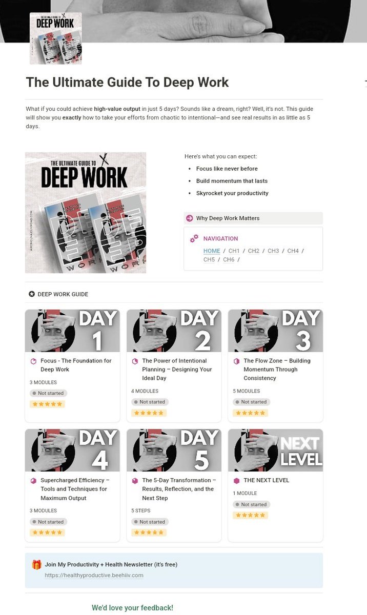 I've spent 5 years studying Medicine and Productivity 

And I've learned that anybody can get Productive without breaking a sweat

How? 

By mastering Deep Work.

Free for 48 Hours🎁

Want it? 
• Like 
• Follow (for DM) 
• Comment “DEEP” 

 Reposts appreciated