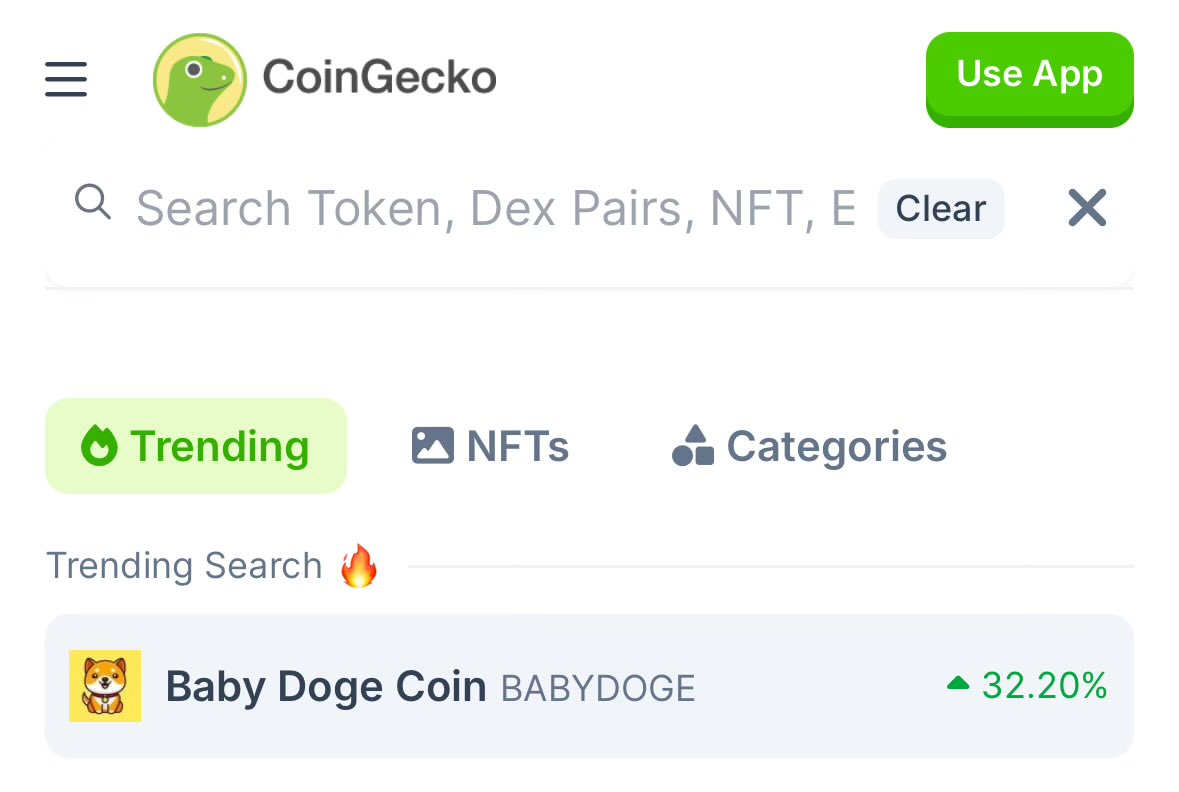 BabyDoge is trending #1 on CoinGecko.