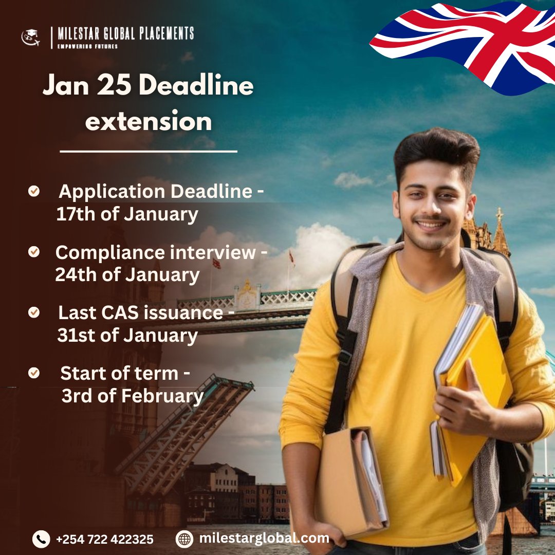 MilestarGlobal's tweet photo. 🚨 Deadline Alert for UK Studies! 🚨
📅 Jan 17: Application Deadline
📅 Jan 24: Compliance Interview
📅 Jan 31: CAS Issuance
📅 Feb 3: Start of Term

Don't miss this opportunity! 🌍 Contact us now at +254 722 422325 or visit https://t.co/ctcIxQNsNO

#StudyAbroad #MilestarGlobal https://t.co/bIWoSkCe0r