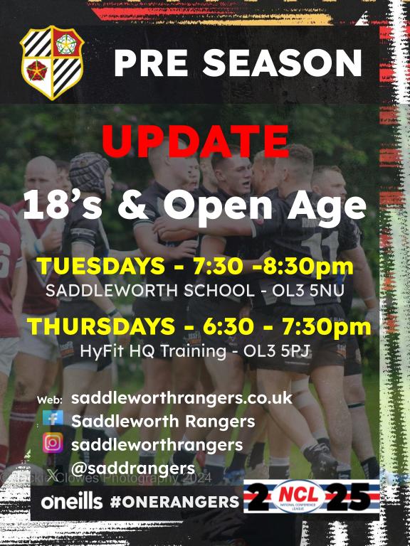 Week two training information for 18's and Open Age #OneRangers ⚫⚪⚫🏉