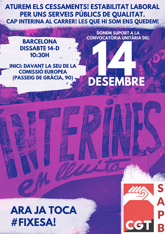 Durant els anys d crisi, retallades i pandèmia, sense convocatòries regulars d processos selectius, qui ha sostingut els serveis a tots els ens q conformen el Sector Públic? Les places? No, les persones

14-D, 10.30h, MANI a BCN (Seu Com. Europea, Pg d Gràcia 90)