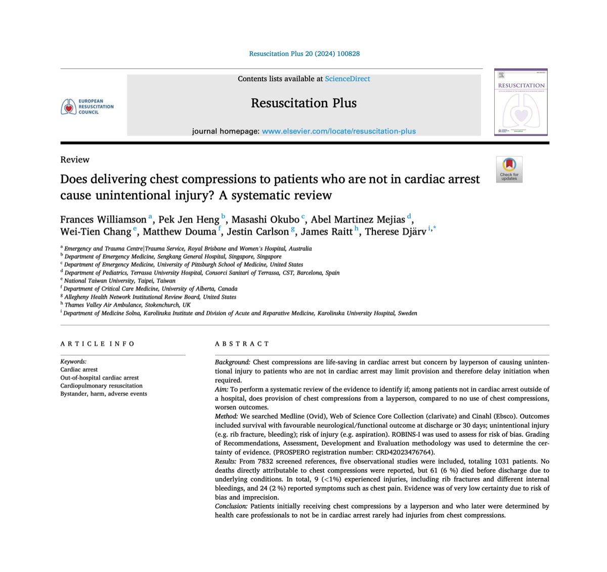 Does delivering chest compressions to patients who are not in cardiac arrest cause unintentional injury? A systematic review

🔗 sciencedirect.com/science/articl…

#ResuscitationPlus