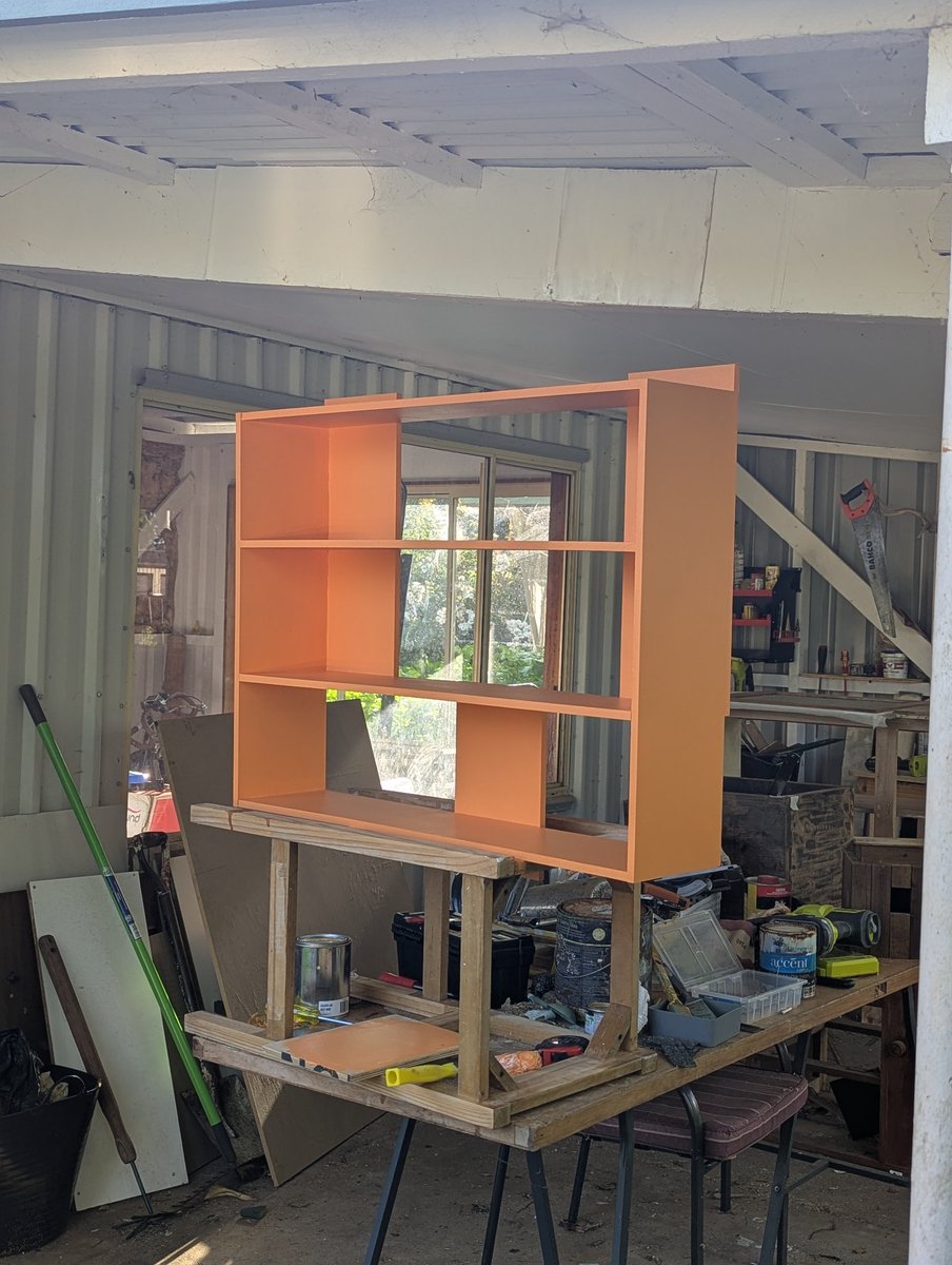 TinkTimeAU's tweet photo. Collecting (if that's what you call it) takes space! 😅 Threw together this wall-mounted shelf out of MDF for my electronics workbench. It's a quick, slapped-together build, but it’ll do the job for all my storage needs! https://t.co/O3KtRmjKsp