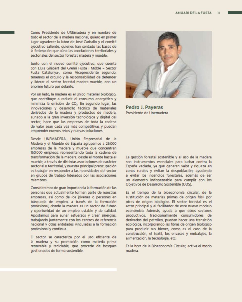 El saludo de nuestro Presidente, <a href="/PedroJPayeras/">Pedro J Payeras</a> , en el Anuari de la Fusta de nuestro asociado <a href="/GremiFustaMoble/">Gremi Fusta i Moble</a> de Catalunya.

#UNEmadera #modoMADERA #activaelmodoMADERA #industria #madera #mueble #interihotel