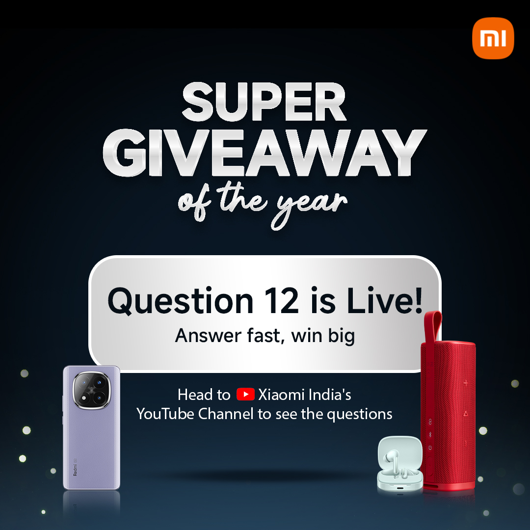 XiaomiIndia's tweet photo. Question 12 is live! Keep watching to know the answer to this Super #Giveaway of the year.

Head over here and don't miss your chance: https://t.co/Ww32o2Vtw3

Share your answer below using #RedmiNote14 #XiaomiSoundOutdoorSpeaker #RedmiBuds6 https://t.co/p67dVBfc69