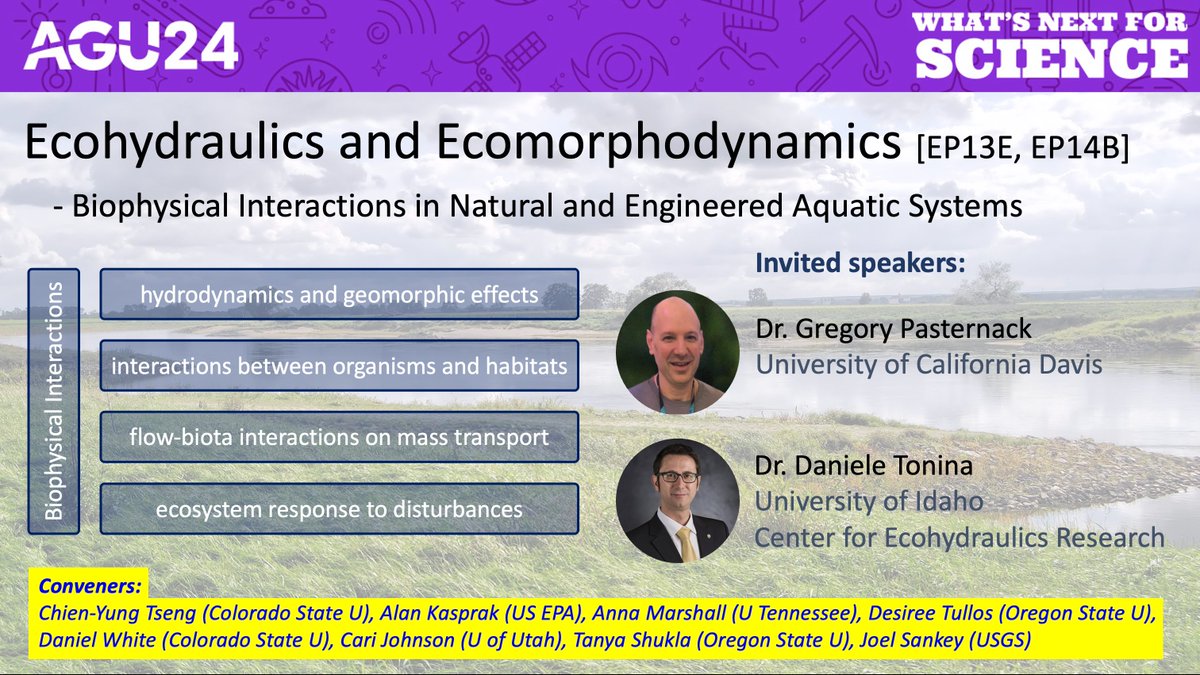 It's today! Come join us this afternoon to hear exciting research in the #AGU24 Ecohydraulics and Ecomorphodynamics session with invited speakers Dr. Gregory Pasternack and Dr. Daniele Tonina.

EP13E: I Oral (14:10 - 15:40 @ 146C)
EP14B: II Oral (16:00 - 17:30 @ 146C)
<a href="/AGU_EPSP/">AGU_EPSP</a>