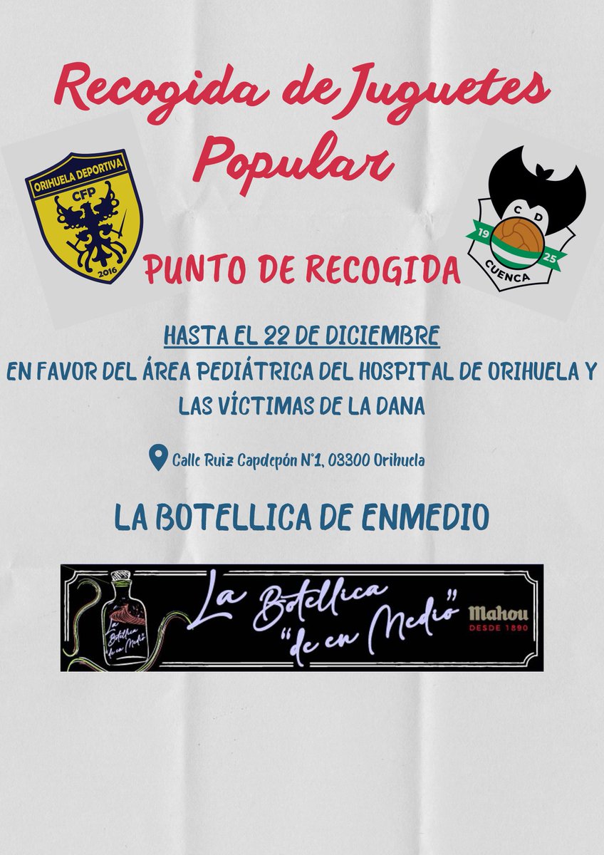 🎁¡PUNTO DE RECOGIDA!🎁
🎅La Botellica de enmedio  será otro de nuestros puntos de recogida de juguetes nuevos o usados en buen estado para los niños del Hospital de Orihuela y los niños afectados por la DANA de Valencia.  Comparte y colabora. ¡Sumemos ilusión esta Navidad!❤️⚽️