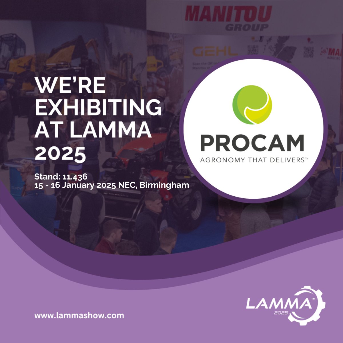 ProCamUK's tweet photo. Save the date! 
The ProCam agronomy and technical teams will be at LAMMA, at the NEC January 15th &amp; 16th. Come and find out what we've been up to, and hear all about our latest developments, including FieldSense – our Agronomist-designed precision farming tool. Stand 11.436 https://t.co/of2jmRJzxi