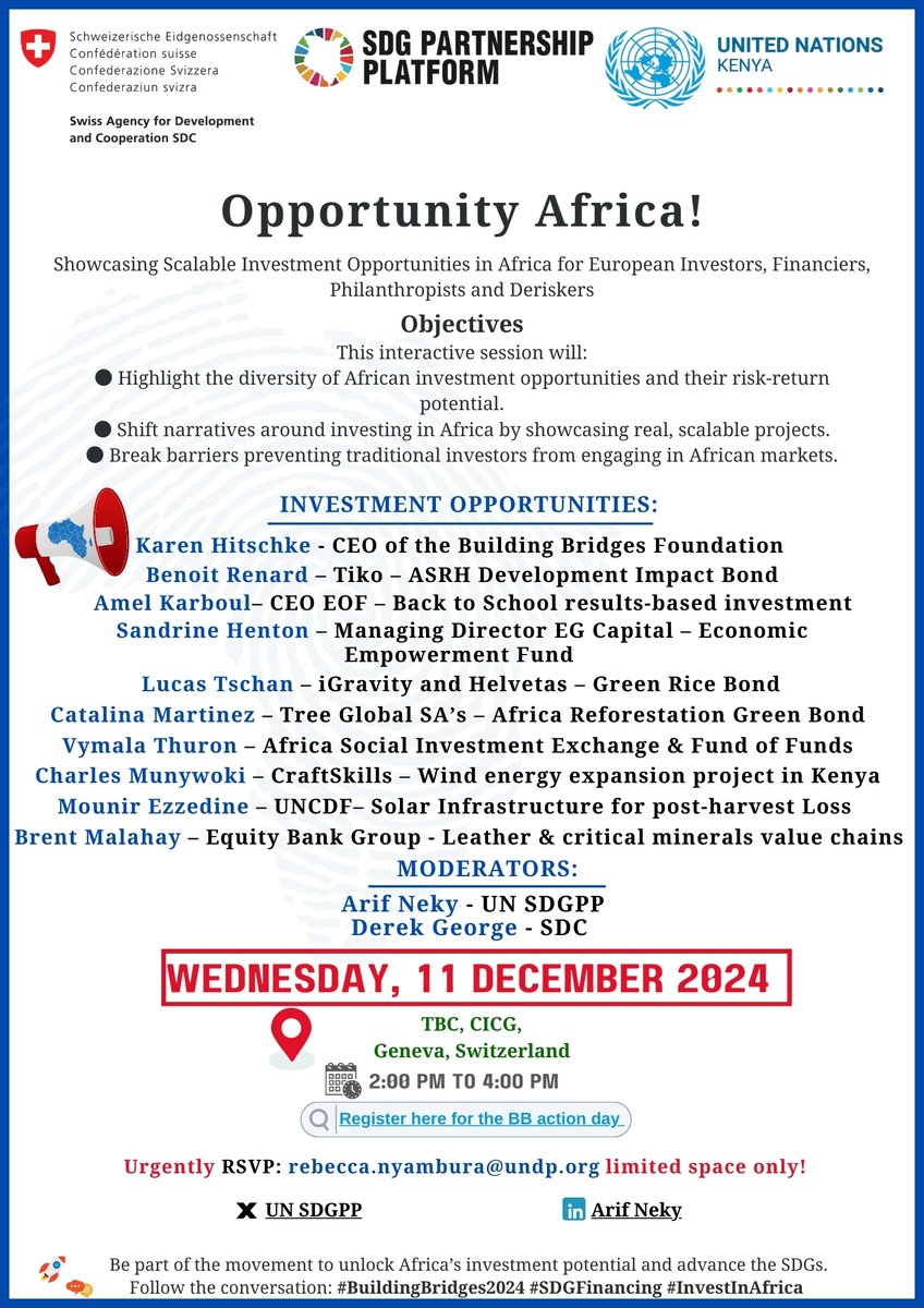 🌍 Opportunity Africa!

Join UN SDGPP to explore scalable African investments. Perfect for European investors, financiers &amp; philanthropists!

📅 11 Dec 2024 | 📍 CICG, Geneva

Be the change!

#OpportunityAfrica #UNSDGPP #GlobalGoals <a href="/UnKenya/">UN Kenya</a> <a href="/arif_neky/">arifneky</a> <a href="/BBridgesCH/">Building Bridges</a> <a href="/SwissDevCoop/">Swiss Development and Cooperation</a>