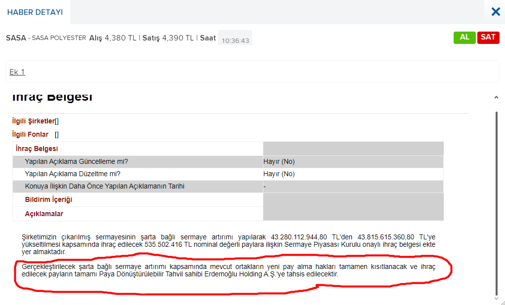 #sasa 
Şirketimizin çıkarılmış sermayesinin şarta bağlı sermaye artırımı yapılarak 43.280.112.944,80 TL'den 43.815.615.360,80 TL'ye yükseltilmesi kapsamında ihraç edilecek 535.502.416 TL nominal değerli paylara ilişkin Sermaye Piyasası Kurulu onaylı ihraç belgesi ekte yer