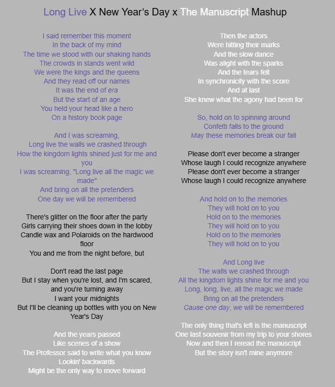 bigreptuation's tweet photo. And for the very last Surprise Song of the Eras tour on piano..... Long live x New Years Day x The Manuscript. If you hadn't been crying through out the show then I'm pretty sure this mashup made you!

"Please don't ever become a stranger ....
Cause one day, we will be remembered
The only thing that's left is the manuscript"