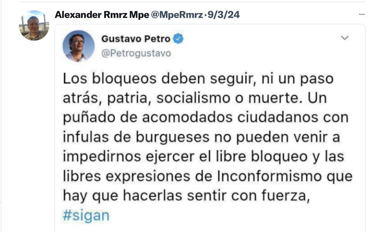 _Hagamos_Patria's tweet photo. Recordar es Vivir - Cuando el #GERR1LL0 #CR1MINAL EN #OPOSICION #SITIABA al pais entero y al  #GOBIERNO DE @IvanDuque

Si le #falto #mano #firme a #Duque con estos bandidos y mucha. 

Debio 
- Declarar conmocion intererior y.o ley marcial o como se llame en Colombia
- Extender su mandato y enjuiciar a Petro y sus guerrilleros y encarcelarlos. 
- Una vez estabilizado el pais entregarlo al ejercito para un gobierno transicional y luego elecciones. 

Cuantos #Miles de #Billones de trinos se le habran borrado al #Influencer #Galactico?

< Credito: @everstrongever >

https://t.co/R0CMzAaf0d

@EliorCymbler @maomolina1 @biolucho2005 @BenedictoLozano @Colombianota01 @AdamSmithFree @brisa7766433br1 @DMmxxii @TruthOther @Colombi86542069 @NanaTorres27