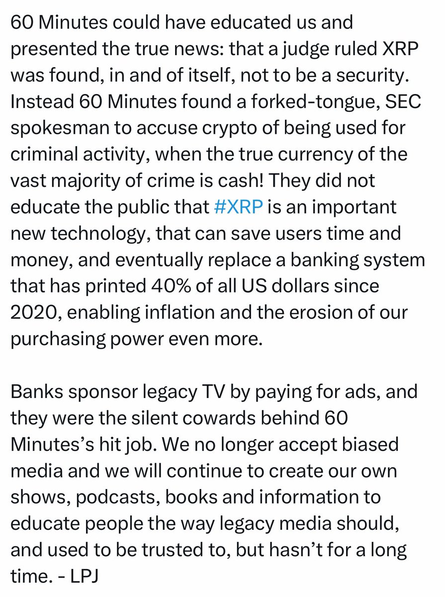 InvestWithD's tweet photo. 🚨BREAKING: LINDA P. JONES CALLS OUT 60 MINUTES FOR BIASED REPORTING ON CRYPTO 🔥📺

Financial expert and author Linda P. Jones has openly criticized 60 Minutes for its handling of Brad Garlinghouse’s interview, labeling it a biased “hit job” 🛑. She alleged that the program ignored a key ruling that XRP is not a security ⚖️ and instead propagated a narrative shaped by powerful banking interests 💰.

Jones also accused the media of portraying crypto as criminal while overlooking the role of cash in illicit activities. She vowed to support independent platforms that deliver unbiased truth 📢, saying it’s time to move beyond legacy media. ✋ 

#XRP #Crypto $XRP #Ripple #XRPArmy #XRPCommunity @Ripple @60Minutes