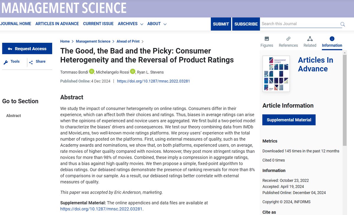🧵 Excited to share that our paper, "The Good, The Bad, and The Picky: Consumer Heterogeneity and the Reversal of Product Ratings" (joint with Tommaso Bondi and Ryan Stevens), is forthcoming at Management Science!