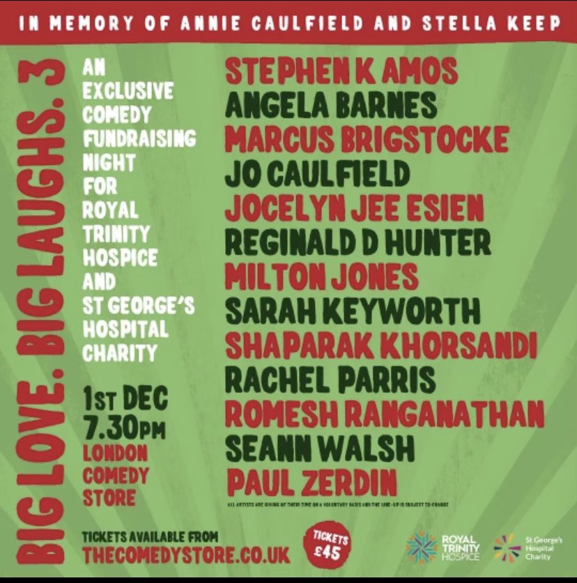 Jo_Caulfield's tweet photo. Every December me &amp; @stephenkamos organise a show @comedystoreuk to raise funds for @trinityhospice and @GivingtoGeorges .

This year the total reached an amazing £105,270 - a big THANK YOU to everyone who came, helped &amp; performed. 💚❤️💚❤️💚 https://t.co/zUJBH02d0R