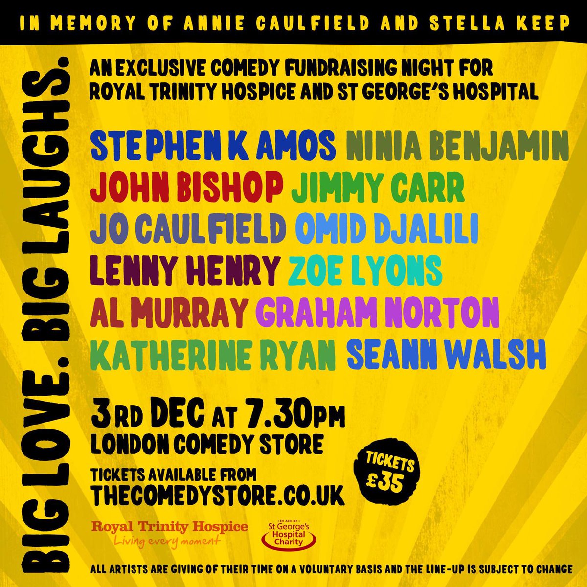 Jo_Caulfield's tweet photo. Every December me &amp; @stephenkamos organise a show @comedystoreuk to raise funds for @trinityhospice and @GivingtoGeorges .

This year the total reached an amazing £105,270 - a big THANK YOU to everyone who came, helped &amp; performed. 💚❤️💚❤️💚 https://t.co/zUJBH02d0R