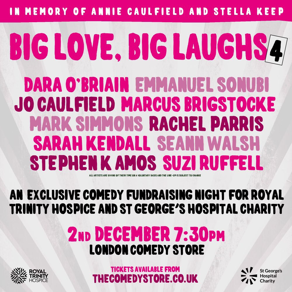Jo_Caulfield's tweet photo. Every December me &amp; @stephenkamos organise a show @comedystoreuk to raise funds for @trinityhospice and @GivingtoGeorges .

This year the total reached an amazing £105,270 - a big THANK YOU to everyone who came, helped &amp; performed. 💚❤️💚❤️💚 https://t.co/zUJBH02d0R