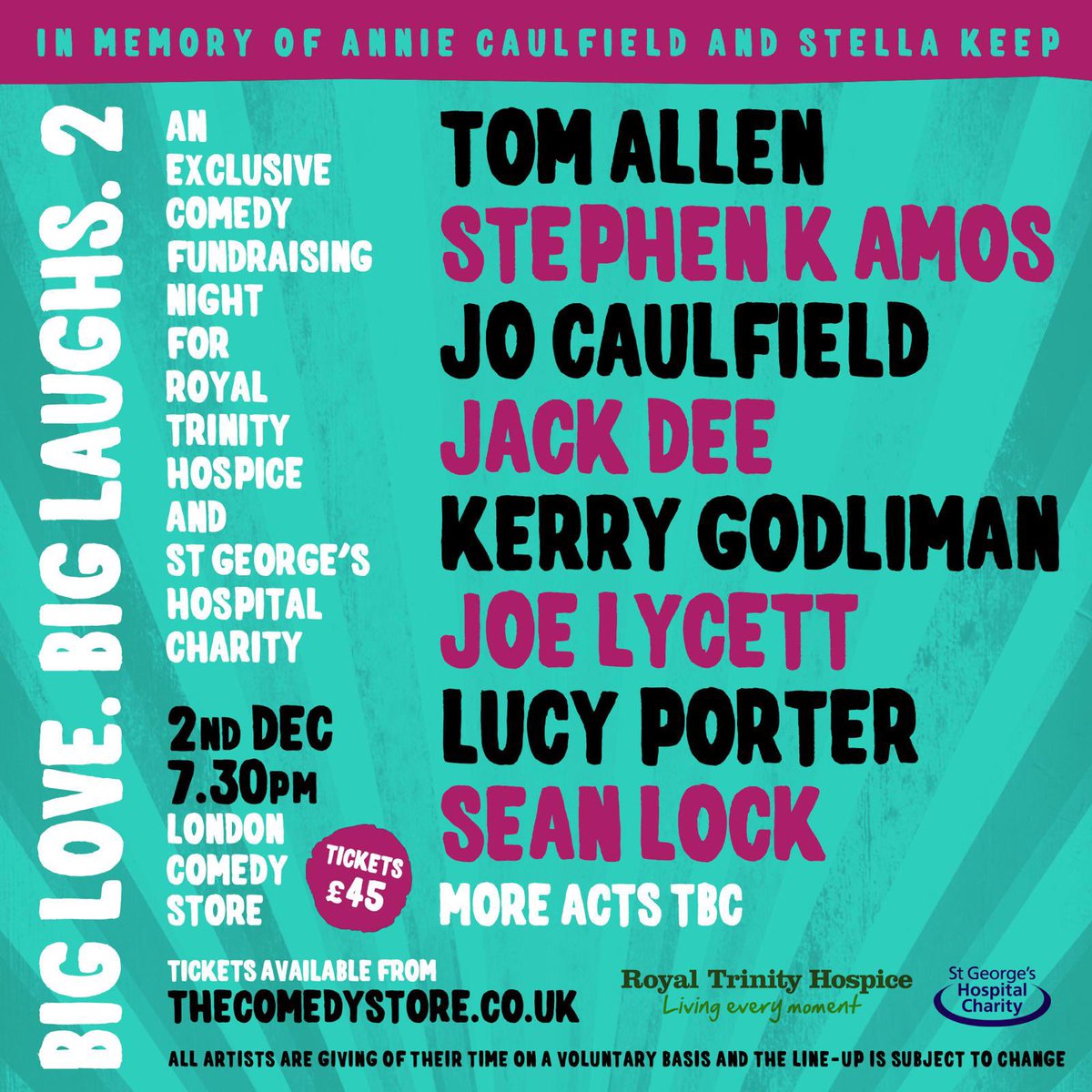 Jo_Caulfield's tweet photo. Every December me &amp; @stephenkamos organise a show @comedystoreuk to raise funds for @trinityhospice and @GivingtoGeorges .

This year the total reached an amazing £105,270 - a big THANK YOU to everyone who came, helped &amp; performed. 💚❤️💚❤️💚 https://t.co/zUJBH02d0R