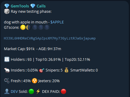 gem_tools's tweet photo. 🎲 Ray new testing phase:

dog with apple in mouth - $APPLE
GTscore: 🌕🌘🌑🌑🌑

H33XL6HHDReCVRgSApZpsXM7Hy7JGyLztRJaGxjapump

Market Cap: $91k  --> $32M ( x350 ) 

a 100$ investment would be $35k

Join us TG in first comment https://t.co/gE0sPcZY6Q