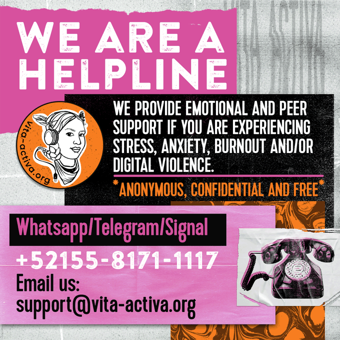 If you experience #onlineviolence, violence at home or work and you can't rest, cover your stories, document abuse, change the world... Contact us +52155-8171-1117 WhatsApp/Signal #helpline for journalists, defenders, activists &amp; LGBT people.💜You are not alone.