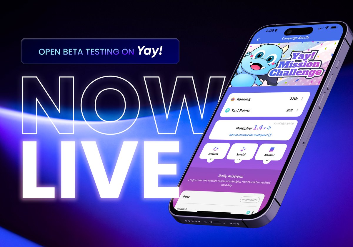 Yay_Global's tweet photo. Everyone can now begin earning Yay! Points now!

Exclusive tasks will be added and users will be rewarded based on the points. Season 0 starts today!

Join now below 👇 https://t.co/vwEcke6vpe