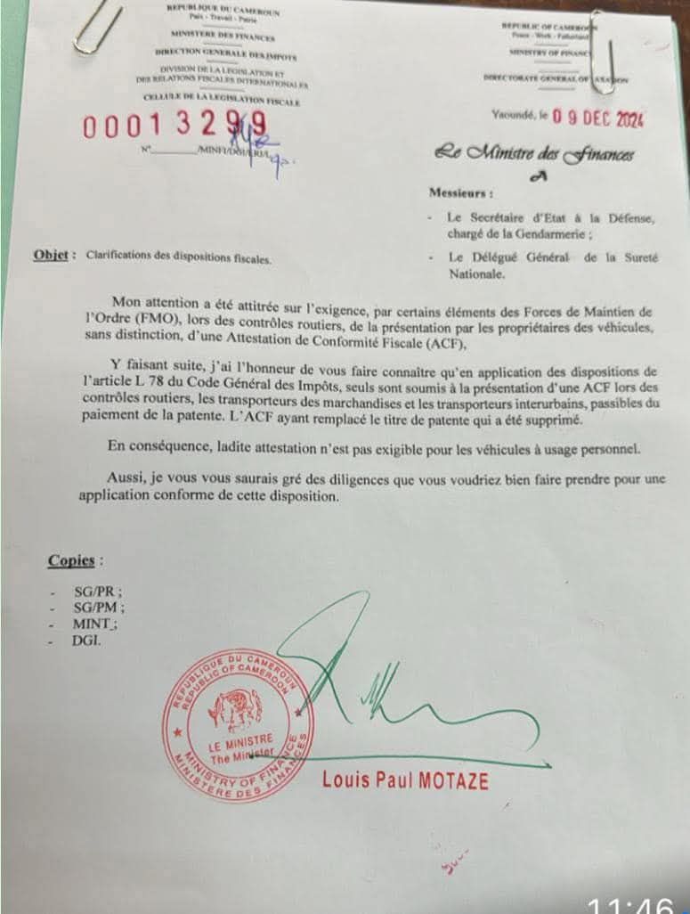 Le ministre de finance L. P. Motaze demande (poliment) aux FMO d'arrêter d'arnaquer les population. Les FMO n’ont pas le droit d’exiger l’attestation de conformité fiscale aux véhicules à usage personnel comme ils le font. Elle n'est exigible qu'aux transporteurs de marchandises.